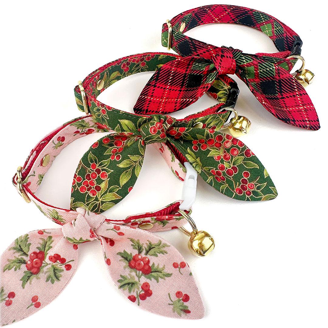 Holiday Cat Collar + Bunny Ear Bow Set - "Sugarplum Pink" - Christmas Berry Cat Collar w/ Matching Bunny Bow Tie / Tie-On Scarf / Cat, Kitten + Small Dog Sizes