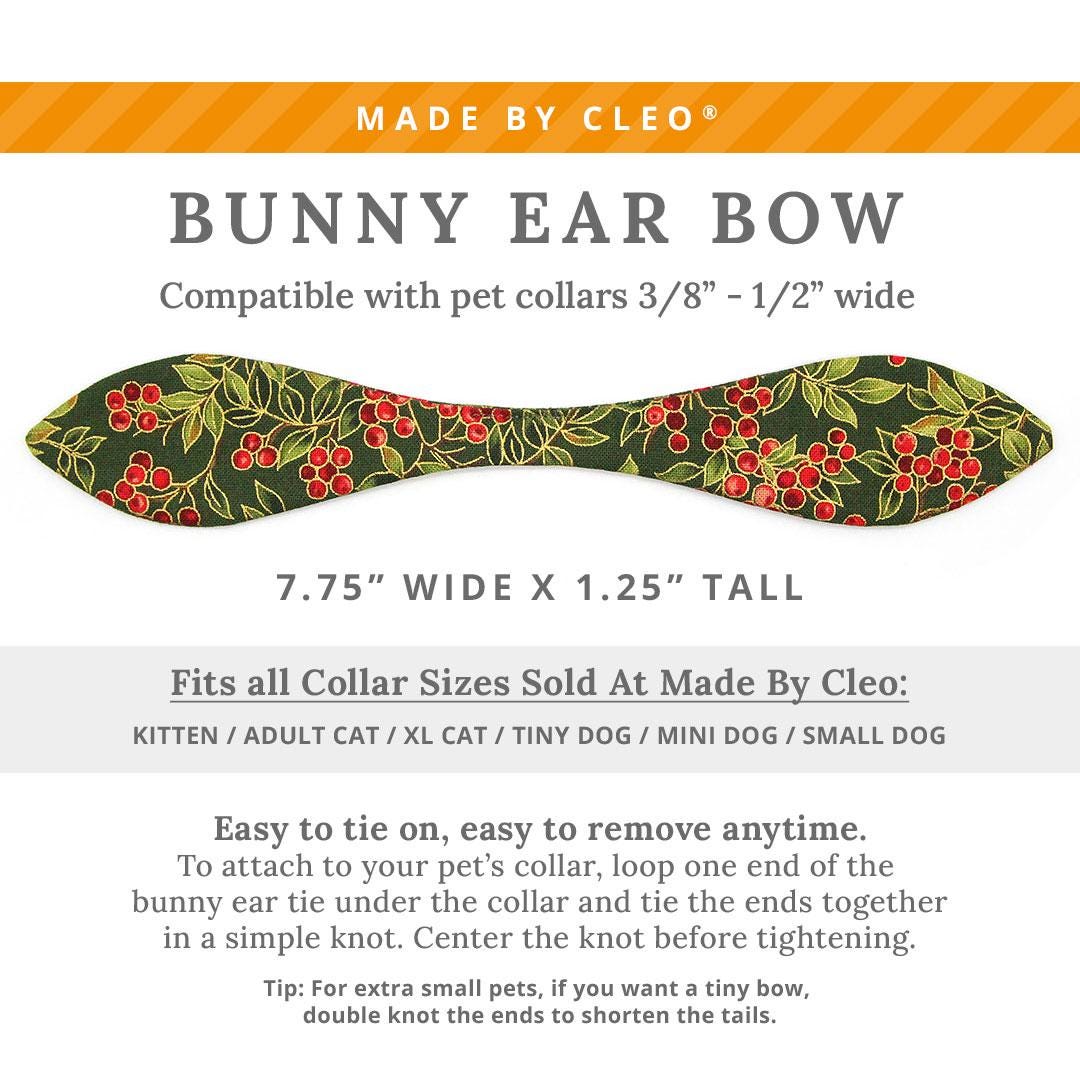 Holiday Cat Collar + Bunny Ear Bow Set - "Yuletide Berries" - Christmas Holly Berry Cat Collar w/ Matching Bunny Bow Tie / Tie-On Scarf / Cat, Kitten + Small Dog Sizes