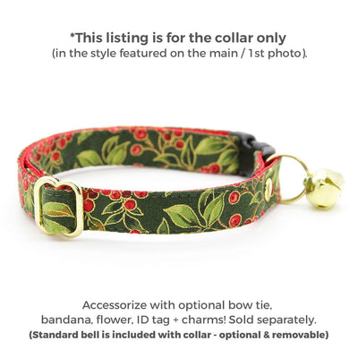 Holiday Cat Collar - "Yuletide Berries" - Green & Red Holly Berry Christmas Cat Collar / Breakaway Buckle or Non-Breakaway / Cat, Kitten + Small Dog Sizes