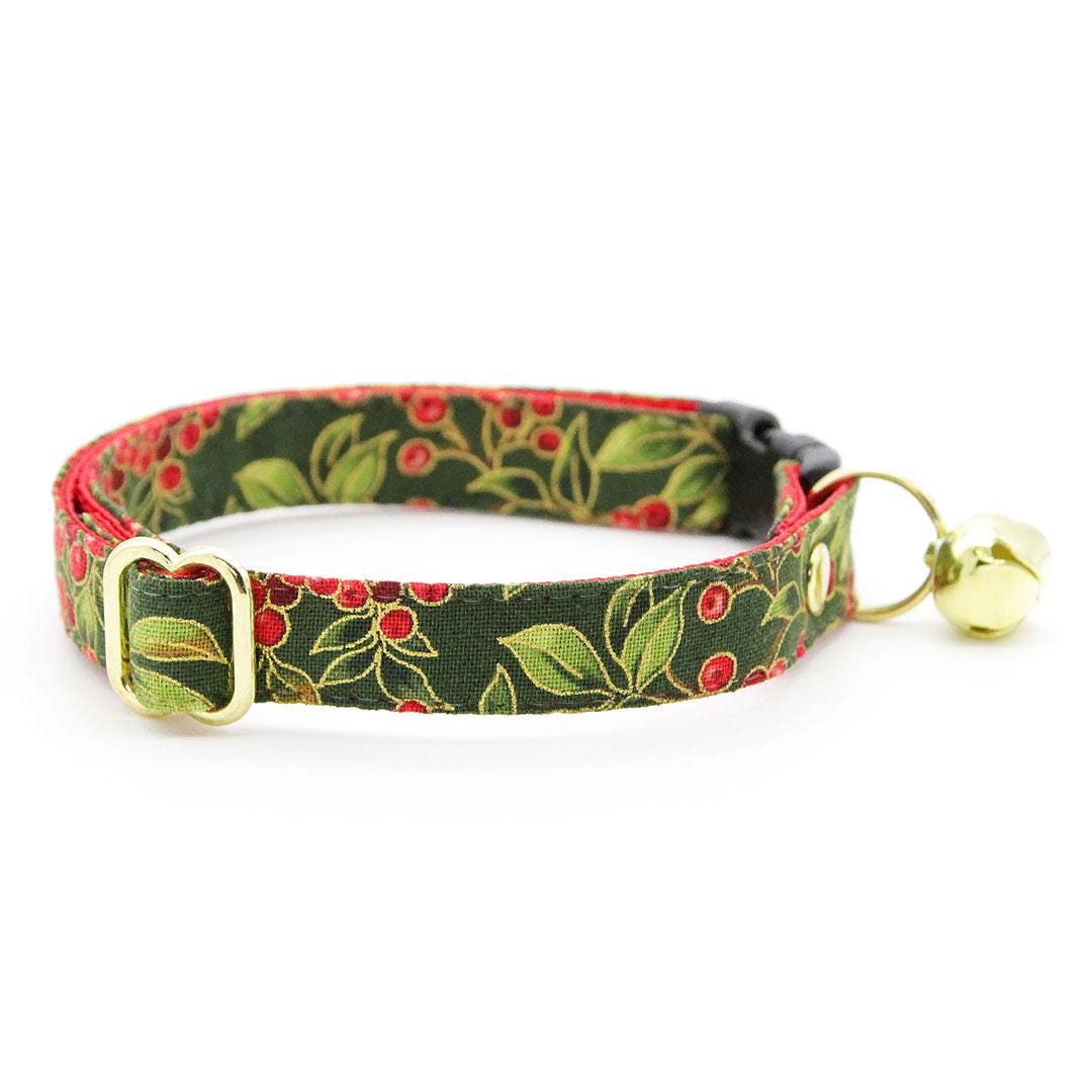 Holiday Cat Collar + Flower Set - "Yuletide Berries" - Green Holly Berry Cat Collar + Specialty Christmas Red Poinsettia Felt Flower (Detachable)