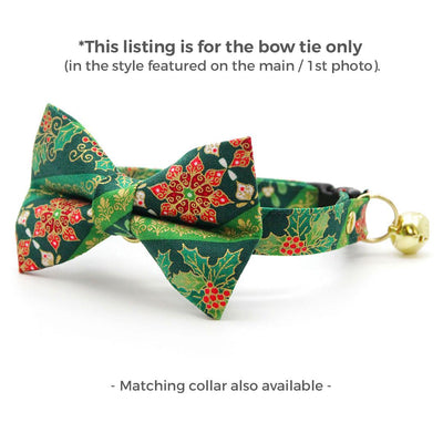 Holiday Cat Bow Tie - "Victorian Christmas - Green" - Elegant Christmas Bow Tie for Cat Collar / Poinsettia / Cat, Kitten + Small Dog Bowtie