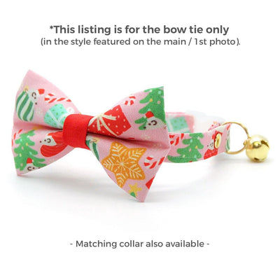 Holiday Cat Bow Tie - "Merry Mice - Pink" - Christmas Mouse Bow Tie for Cat Collar / Whimsical, Fun / Cat, Kitten + Small Dog Bowtie