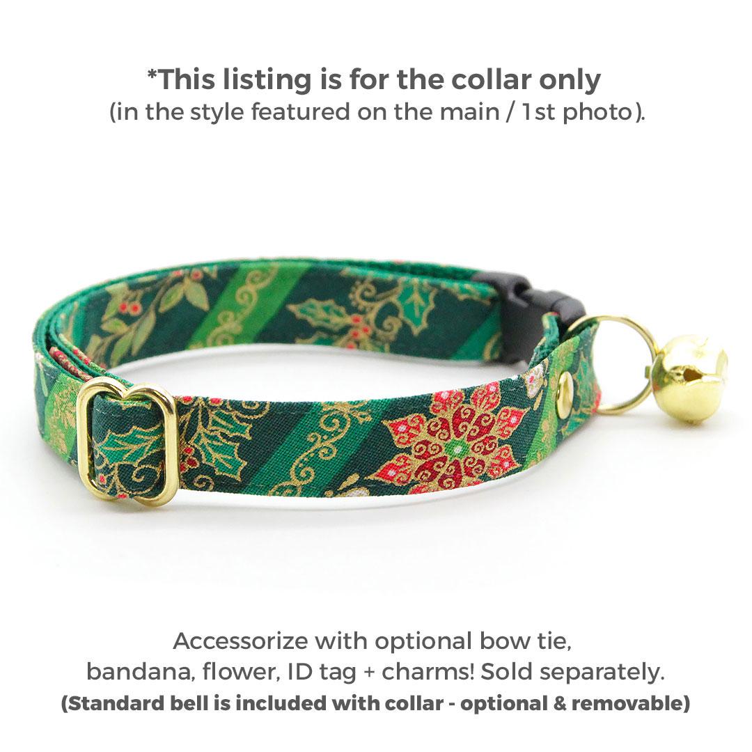 Holiday Cat Collar - "Victorian Christmas - Green" - Poinsettia, Mistletoe & Holly Cat Collar / Breakaway Buckle or Non-Breakaway / Cat, Kitten + Small Dog Sizes