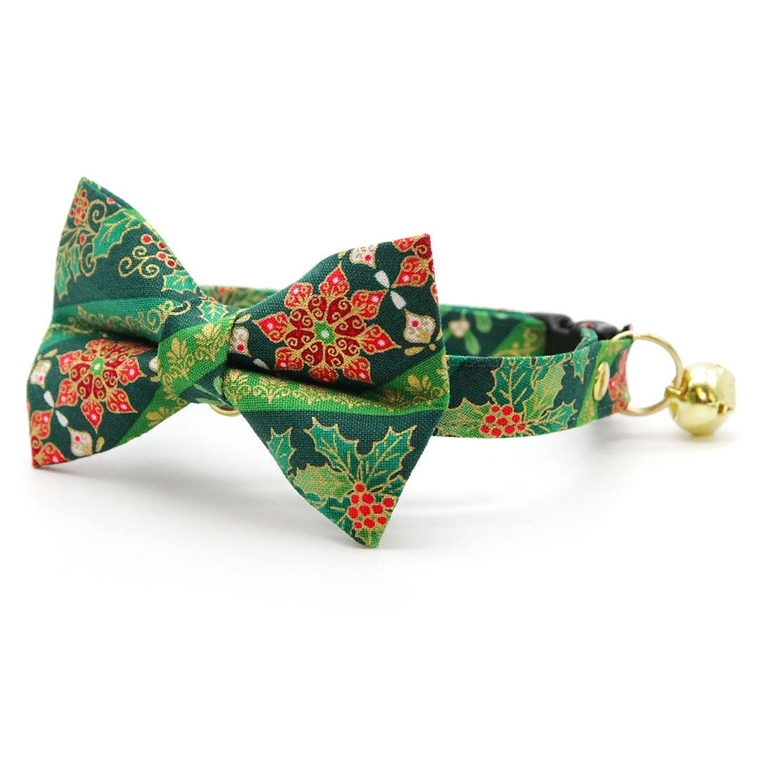 Holiday Cat Collar - "Victorian Christmas - Green" - Poinsettia, Mistletoe & Holly Cat Collar / Breakaway Buckle or Non-Breakaway / Cat, Kitten + Small Dog Sizes