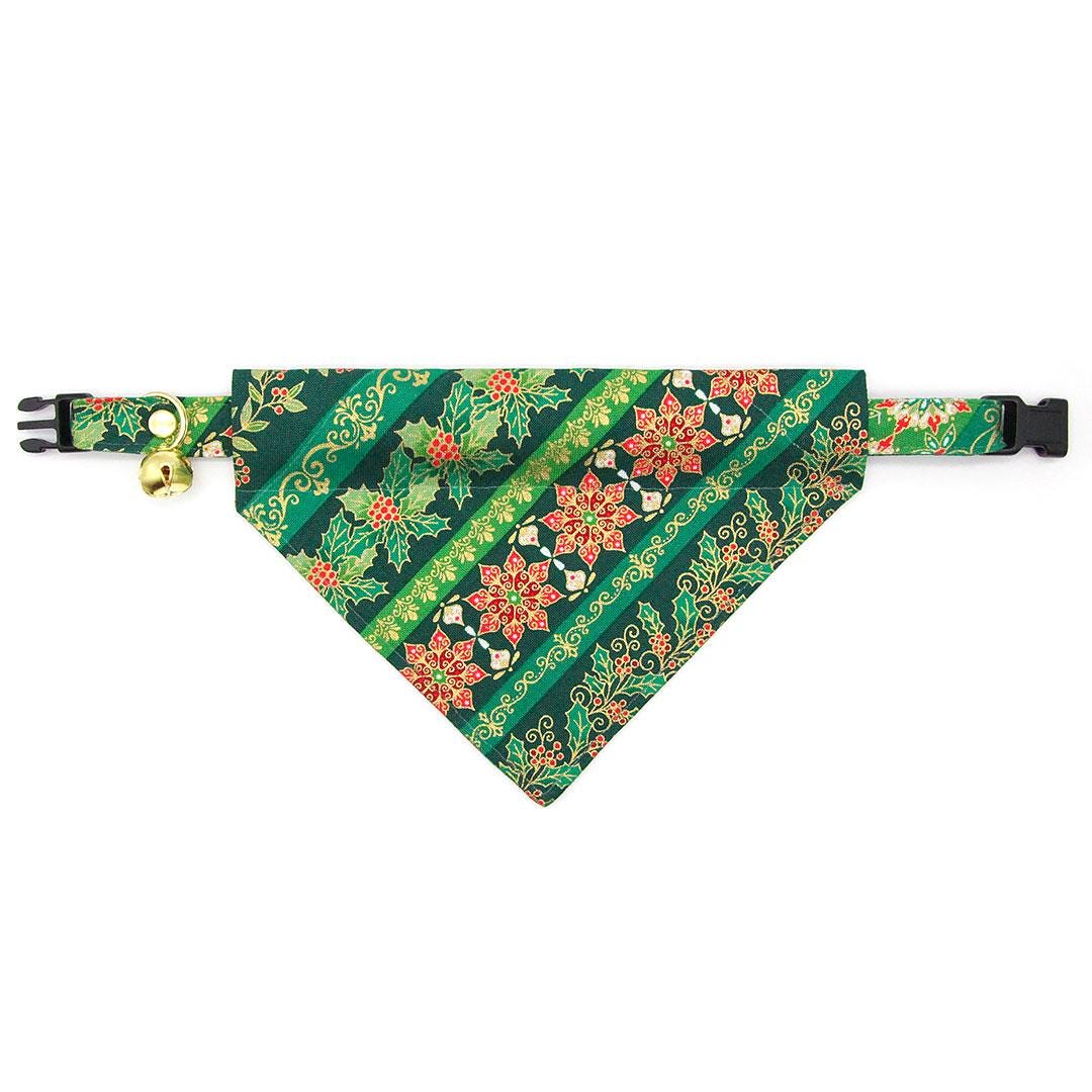 Holiday Cat Collar - "Victorian Christmas - Green" - Poinsettia, Mistletoe & Holly Cat Collar / Breakaway Buckle or Non-Breakaway / Cat, Kitten + Small Dog Sizes