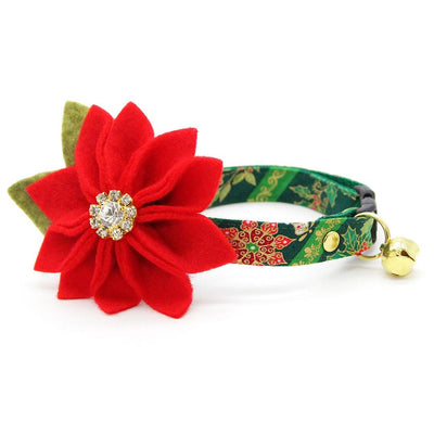 Holiday Cat Collar - "Victorian Christmas - Green" - Poinsettia, Mistletoe & Holly Cat Collar / Breakaway Buckle or Non-Breakaway / Cat, Kitten + Small Dog Sizes