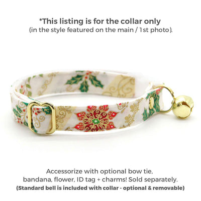Holiday Cat Collar - "Victorian Christmas - Ivory" - Poinsettia, Mistletoe & Holly Cat Collar / Breakaway Buckle or Non-Breakaway / Cat, Kitten + Small Dog Sizes