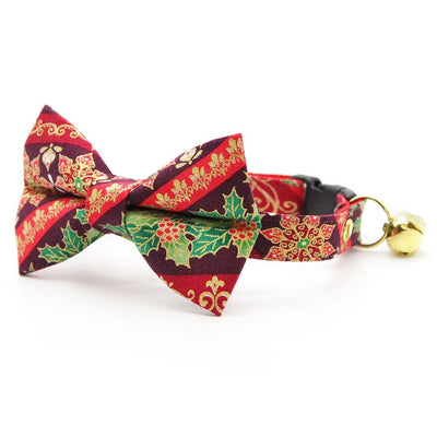 Holiday Cat Collar - "Victorian Christmas - Burgundy" - Mistletoe, Holly & Poinsettia Cat Collar / Breakaway Buckle or Non-Breakaway / Cat, Kitten + Small Dog Sizes