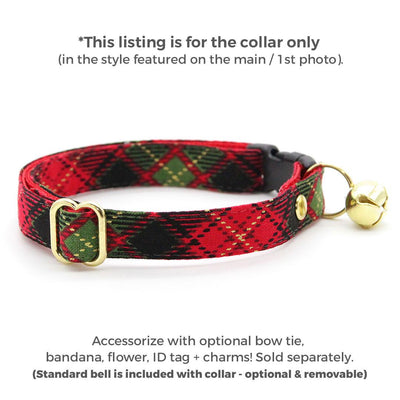 Plaid Cat Collar - "Winterwood" - Red Black & Green Rustic Holiday Plaid Cat Collar / Christmas / Breakaway Buckle or Non-Breakaway / Cat, Kitten + Small Dog Sizes