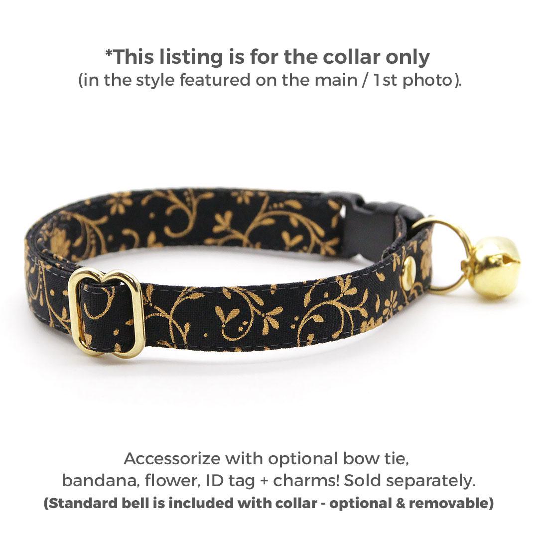 Cat Collar - "Night Bloom" - Regal Gold & Black Cat Collar / Elegant, Wedding, New Year's / Breakaway Buckle or Non-Breakaway / Cat, Kitten + Small Dog Sizes