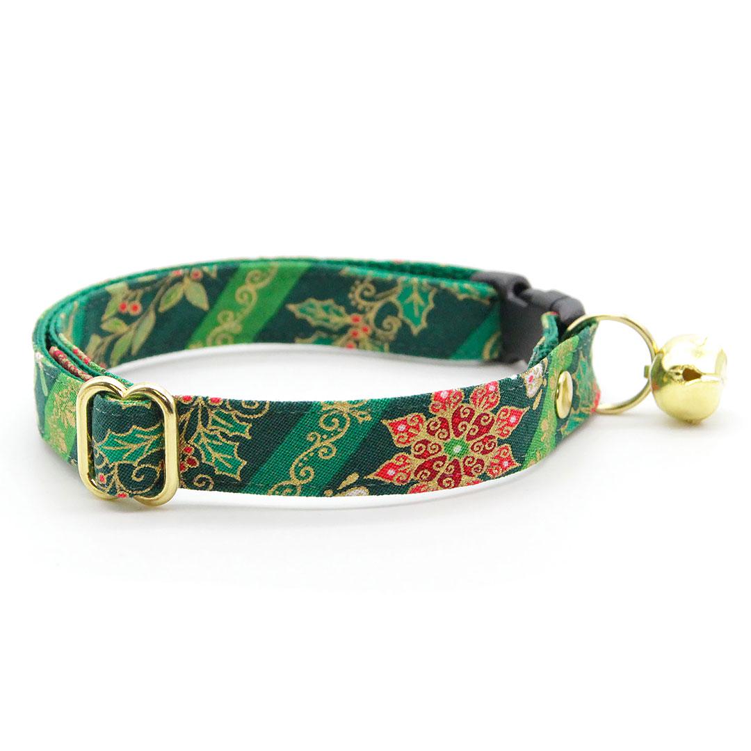Bow Tie Cat Collar Set - "Victorian Christmas - Green" - Elegant Holiday Cat Collar with Bow Tie / Holly, Poinsettia, Mistletoe / Cat, Kitten, Small Dog Sizes