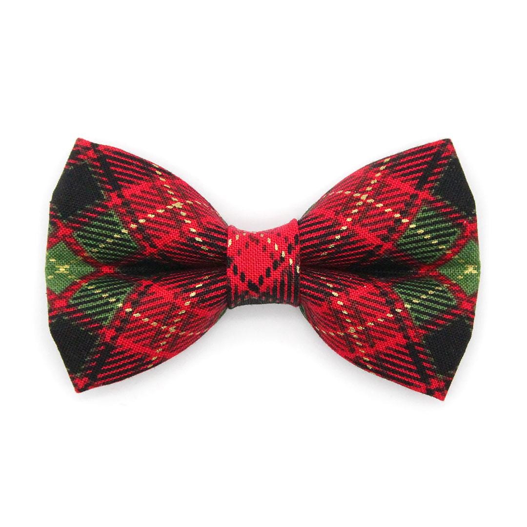 Bow Tie Cat Collar Set - "Winterwood" - Red Black & Green Holiday Plaid Cat Collar with Bow Tie / Rustic, Christmas, Winter / Cat, Kitten, Small Dog Sizes