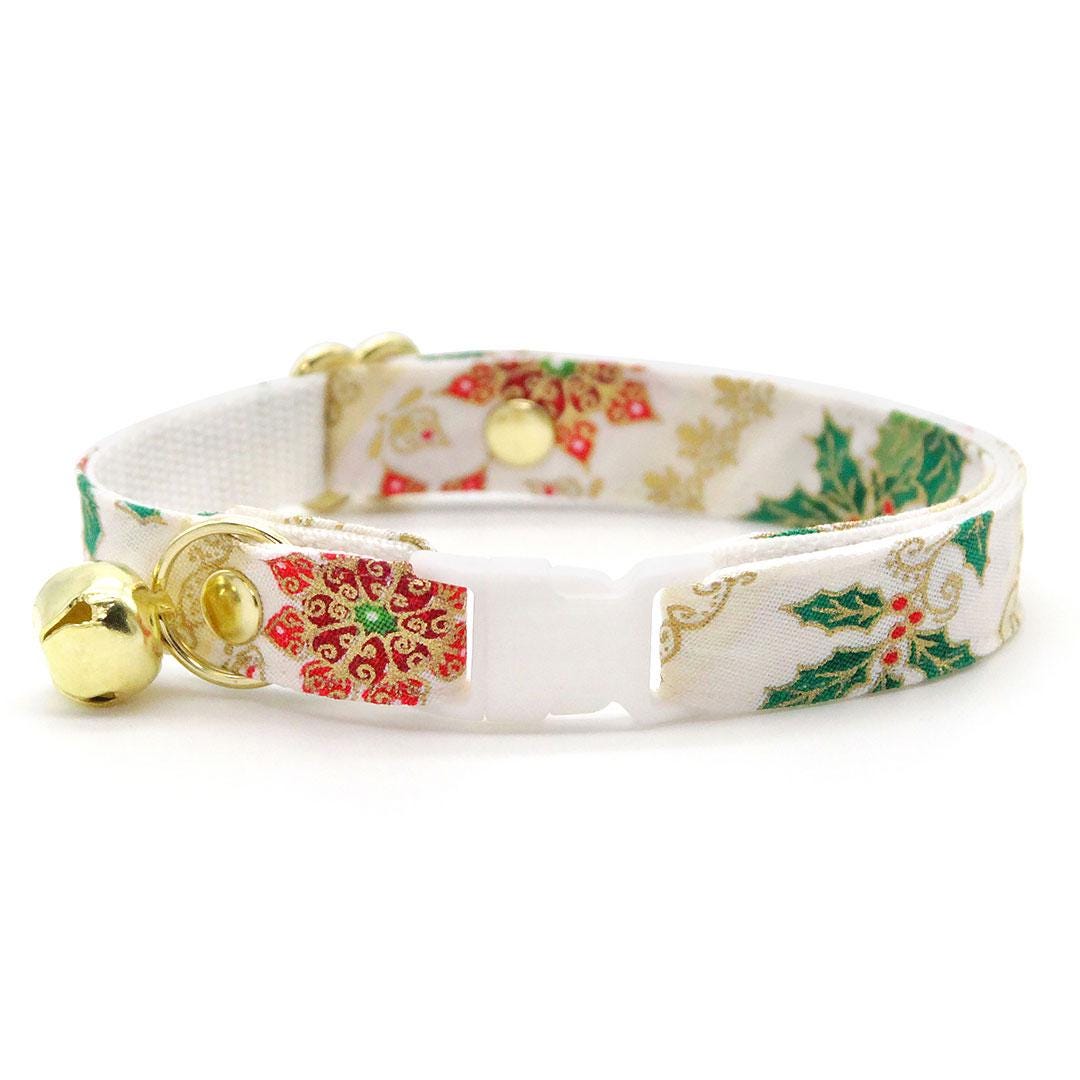 Holiday Cat Collar + Bunny Ear Bow Set - "Victorian Christmas - Ivory" - Holly Cat Collar w/ Matching Bunny Bow Tie / Tie-On Scarf / Cat, Kitten + Small Dog Sizes