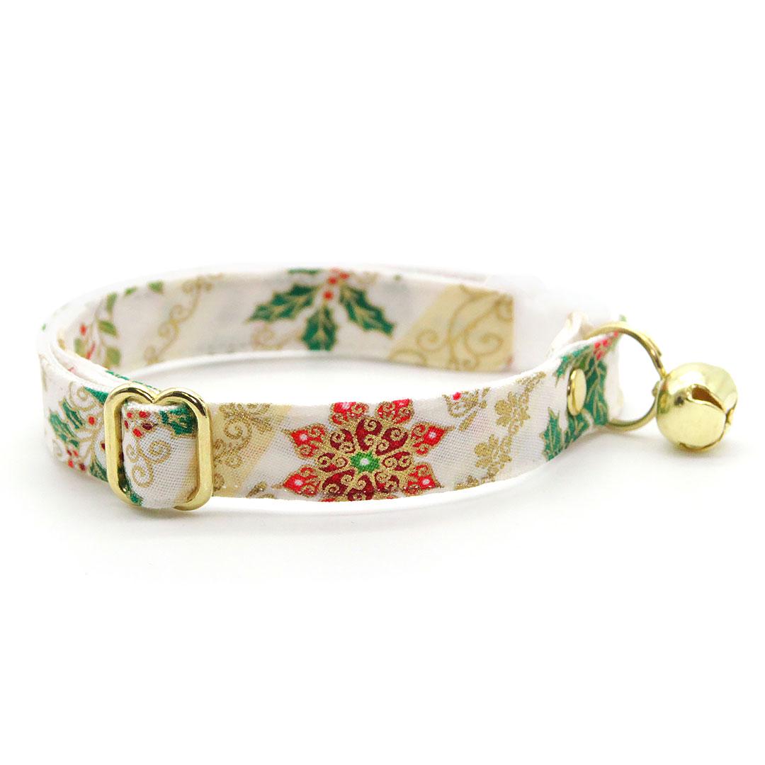 Holiday Cat Collar + Bunny Ear Bow Set - "Victorian Christmas - Ivory" - Holly Cat Collar w/ Matching Bunny Bow Tie / Tie-On Scarf / Cat, Kitten + Small Dog Sizes