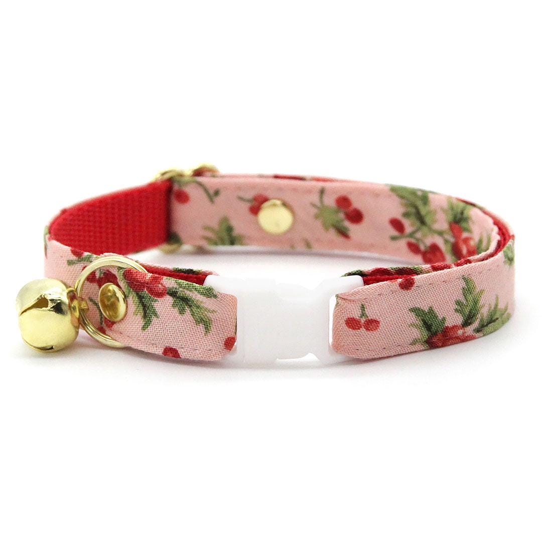 Holiday Cat Collar + Bunny Ear Bow Set - "Sugarplum Pink" - Christmas Berry Cat Collar w/ Matching Bunny Bow Tie / Tie-On Scarf / Cat, Kitten + Small Dog Sizes