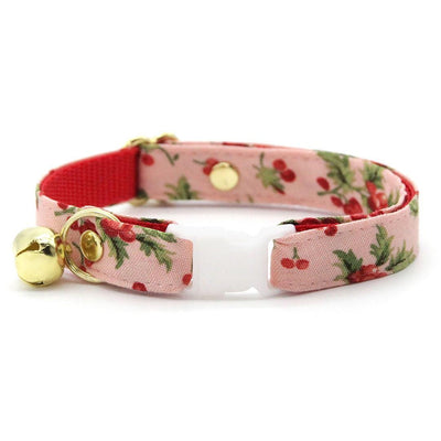 Holiday Cat Collar + Bunny Ear Bow Set - "Sugarplum Pink" - Christmas Berry Cat Collar w/ Matching Bunny Bow Tie / Tie-On Scarf / Cat, Kitten + Small Dog Sizes