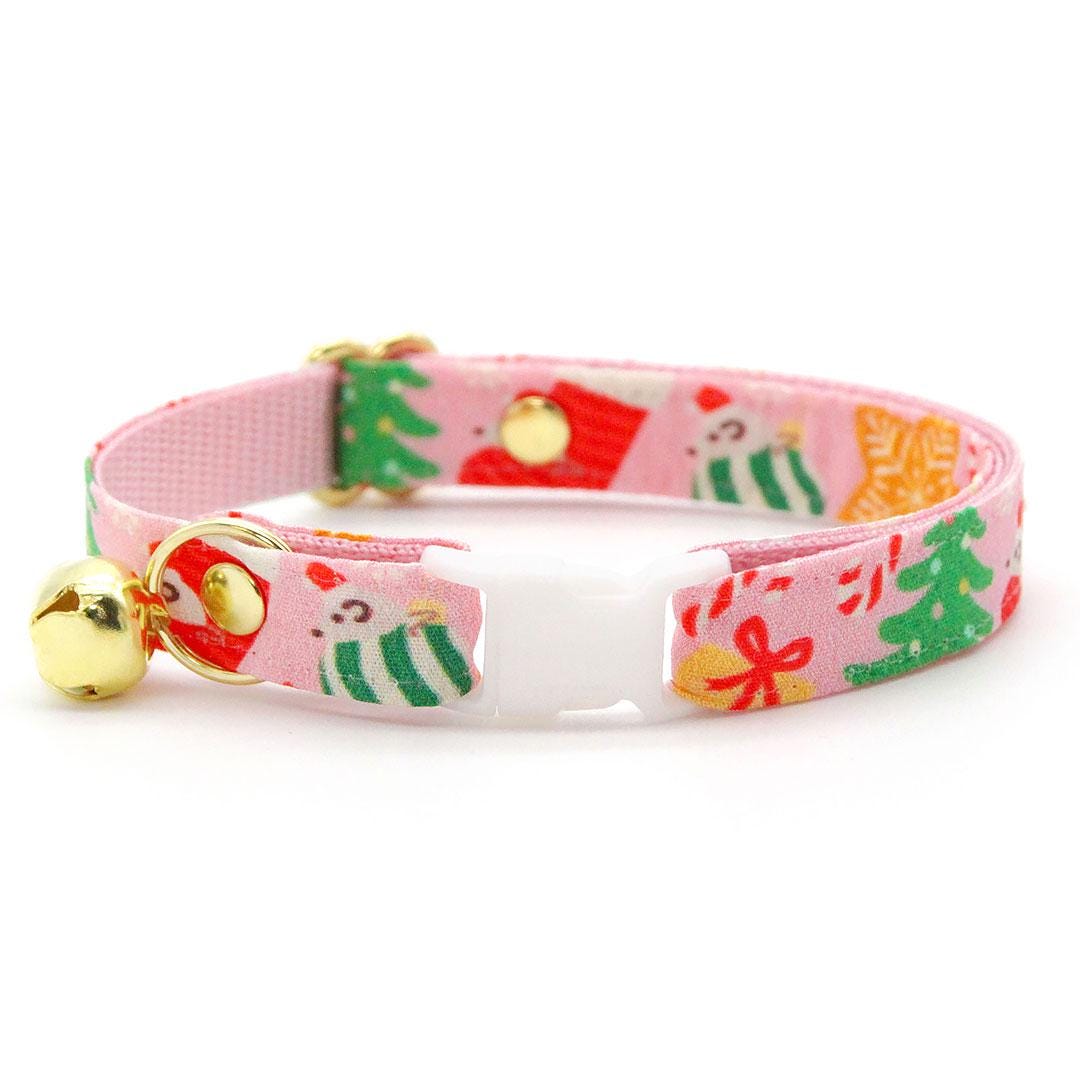 Holiday Cat Collar + Bunny Ear Bow Set - "Merry Mice - Pink" - Christmas Mouse Cat Collar w/ Matching Bunny Bow Tie / Tie-On Scarf / Cat, Kitten + Small Dog Sizes
