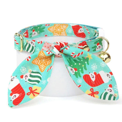 Holiday Cat Collar + Bunny Ear Bow Set - "Merry Mice - Mint" - Christmas Mouse Cat Collar w/ Matching Bunny Bow Tie / Tie-On Scarf / Cat, Kitten + Small Dog Sizes