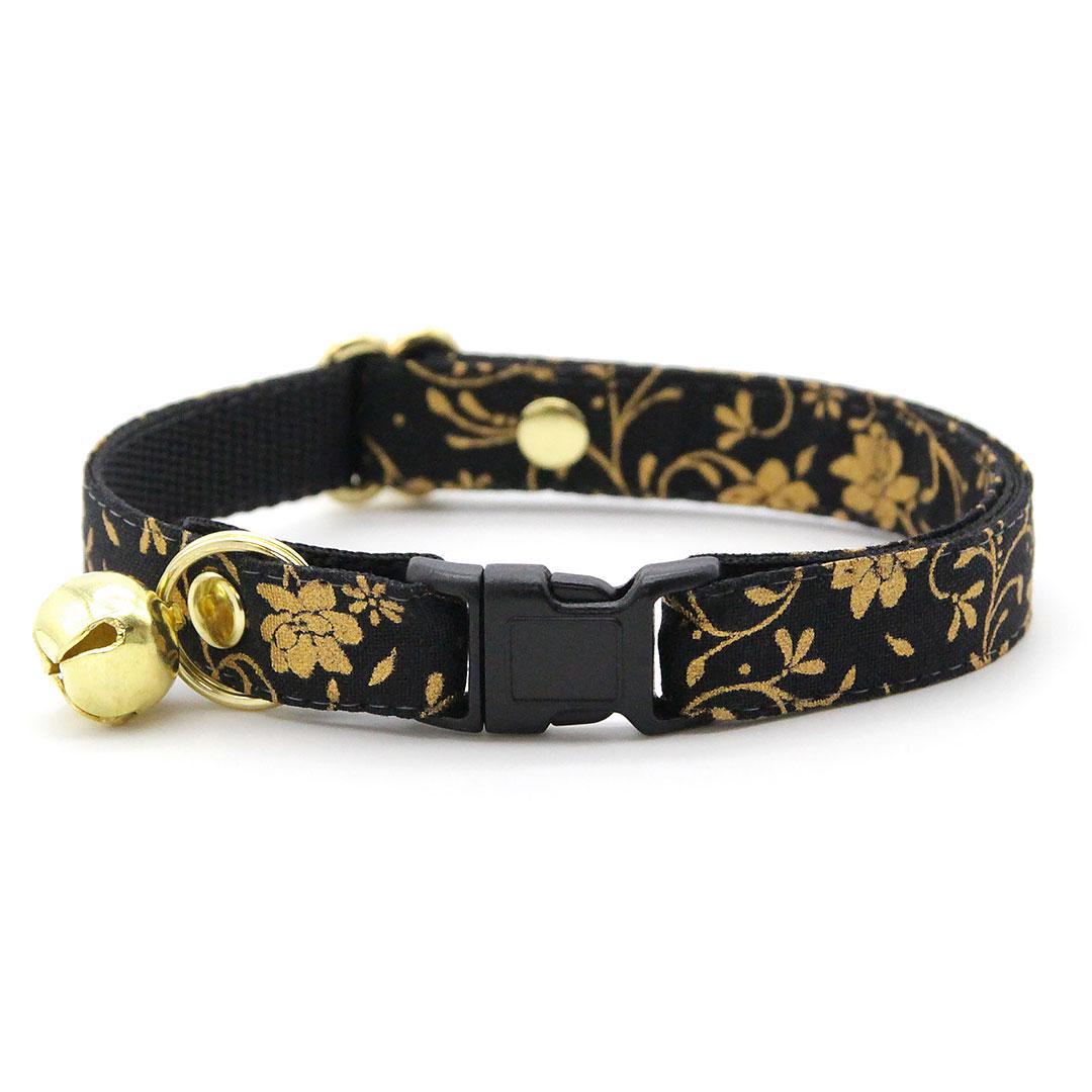 Regal Cat Collar + Bunny Ear Bow Set - "Night Bloom" - Gold & Black Cat Collar w/ Matching Bunny Bow Tie / Tie-On Scarf / Cat, Kitten + Small Dog Sizes