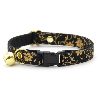 Regal Cat Collar + Bunny Ear Bow Set - "Night Bloom" - Gold & Black Cat Collar w/ Matching Bunny Bow Tie / Tie-On Scarf / Cat, Kitten + Small Dog Sizes