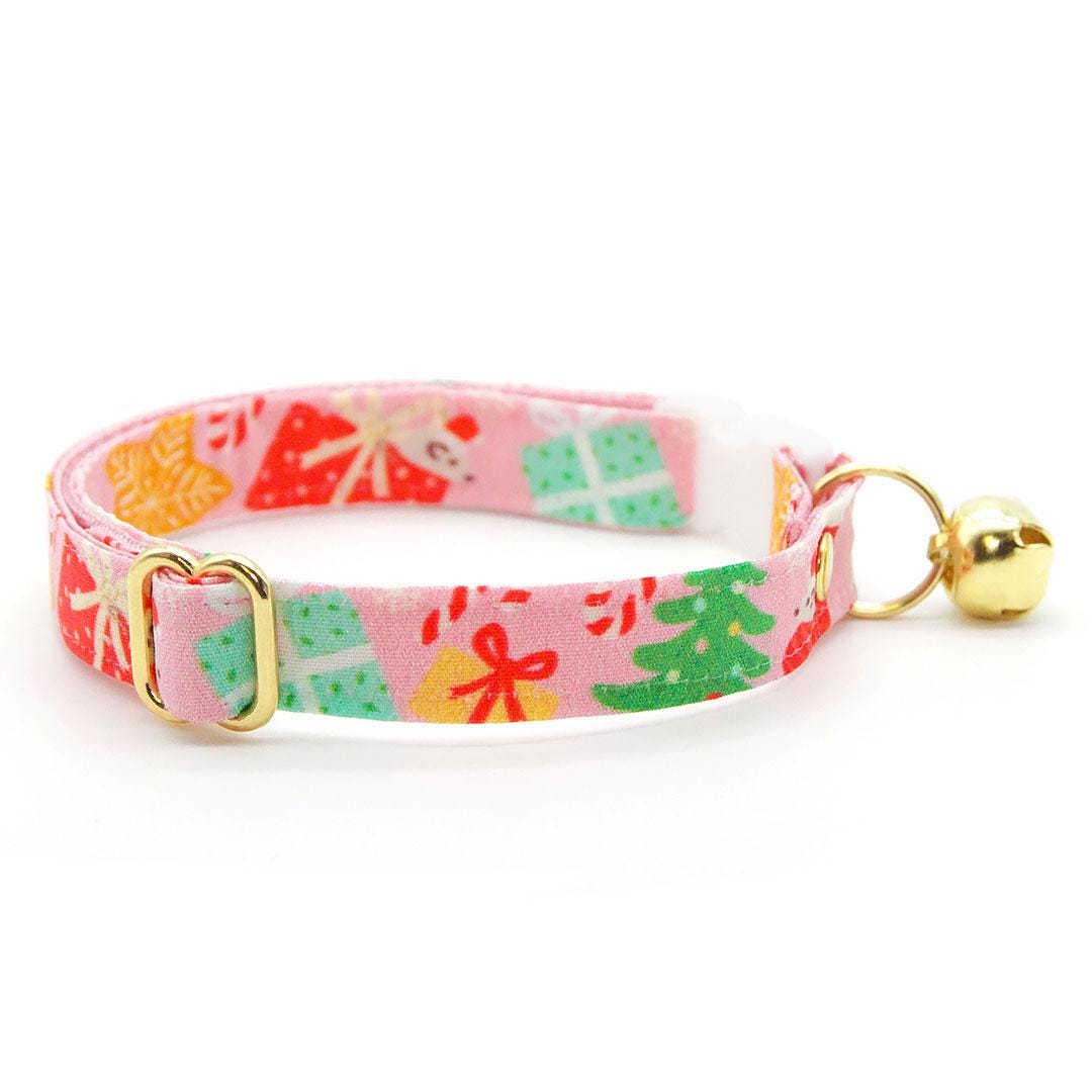 Holiday Cat Collar + Flower Set - "Merry Mice - Pink" - Christmas Mouse Cat Collar w/ Baby Pink Felt Flower (Detachable) / Cat, Kitten + Small Dog Sizes