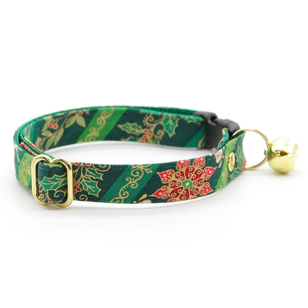 Holiday Cat Collar + Flower Set - "Victorian Christmas - Green" - Elegant Holly Cat Collar + Specialty Christmas Red Poinsettia Felt Flower (Detachable)