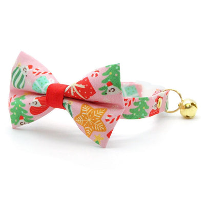 Bow Tie Cat Collar Set - "Merry Mice - Pink" - Christmas Mouse Cat Collar with Bow Tie / Fun Whimsical Holiday / Cat, Kitten, Small Dog Sizes