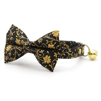 Bow Tie Cat Collar Set - "Night Bloom" - Gold & Black Cat Collar with Bow Tie / New Year, Regal, Elegant, Wedding / Cat, Kitten, Small Dog Sizes