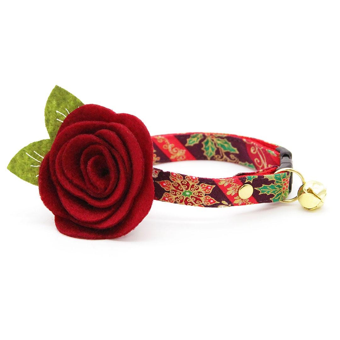 Holiday Cat Collar + Flower Set - "Victorian Christmas - Burgundy" - Elegant Cat Collar w/ Burgundy Felt Flower (Detachable) / Cat, Kitten + Small Dog Sizes