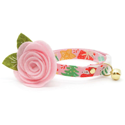 Holiday Cat Collar + Flower Set - "Merry Mice - Pink" - Christmas Mouse Cat Collar w/ Baby Pink Felt Flower (Detachable) / Cat, Kitten + Small Dog Sizes