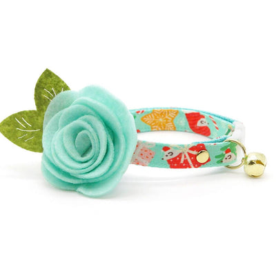 Holiday Cat Collar + Flower Set - "Merry Mice - Mint" - Christmas Mouse Cat Collar w/ Mint Felt Flower (Detachable) / Cat, Kitten + Small Dog Sizes