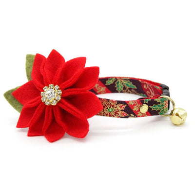 Holiday Cat Collar + Flower Set - "Victorian Christmas - Burgundy" - Elegant Cat Collar + Specialty Christmas Red Poinsettia Felt Flower (Detachable)