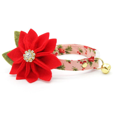 Holiday Cat Collar + Flower Set - "Sugarplum Pink" - Christmas Berry Pink Cat Collar + Specialty Christmas Red Poinsettia Felt Flower (Detachable)