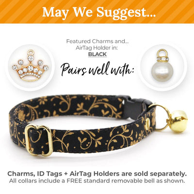 Cat Collar - "Night Bloom" - Regal Gold & Black Cat Collar / Elegant, Wedding, New Year's / Breakaway Buckle or Non-Breakaway / Cat, Kitten + Small Dog Sizes