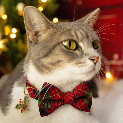 Plaid Cat Bow Tie - "Winterwood" - Holiday Red Plaid Bow Tie for Cat Collar / Rustic, Christmas, Winter / Cat, Kitten + Small Dog Bowtie