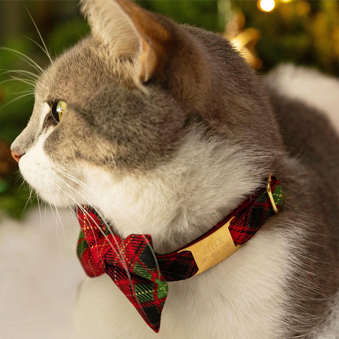 Bow Tie Cat Collar Set - "Winterwood" - Red Black & Green Holiday Plaid Cat Collar with Bow Tie / Rustic, Christmas, Winter / Cat, Kitten, Small Dog Sizes