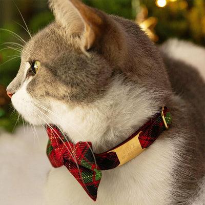 Bow Tie Cat Collar Set - "Winterwood" - Red Black & Green Holiday Plaid Cat Collar with Bow Tie / Rustic, Christmas, Winter / Cat, Kitten, Small Dog Sizes
