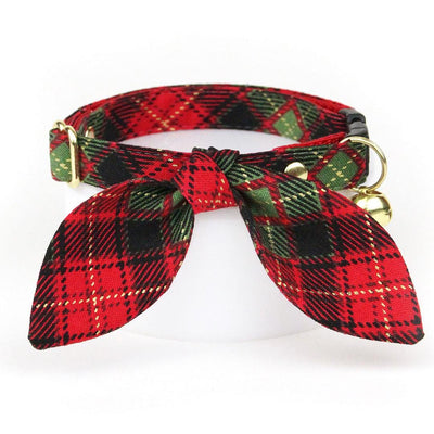Holiday Cat Collar + Bunny Ear Bow Set - "Winterwood" - Christmas Red Plaid Cat Collar w/ Matching Bunny Bow Tie / Tie-On Scarf / Cat, Kitten + Small Dog Sizes