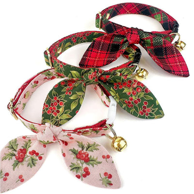 Holiday Cat Collar + Bunny Ear Bow Set - "Winterwood" - Christmas Red Plaid Cat Collar w/ Matching Bunny Bow Tie / Tie-On Scarf / Cat, Kitten + Small Dog Sizes