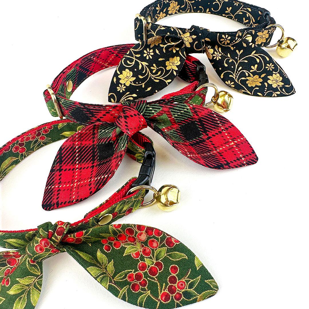 Holiday Cat Collar + Bunny Ear Bow Set - "Winterwood" - Christmas Red Plaid Cat Collar w/ Matching Bunny Bow Tie / Tie-On Scarf / Cat, Kitten + Small Dog Sizes