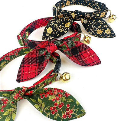 Holiday Cat Collar + Bunny Ear Bow Set - "Winterwood" - Christmas Red Plaid Cat Collar w/ Matching Bunny Bow Tie / Tie-On Scarf / Cat, Kitten + Small Dog Sizes