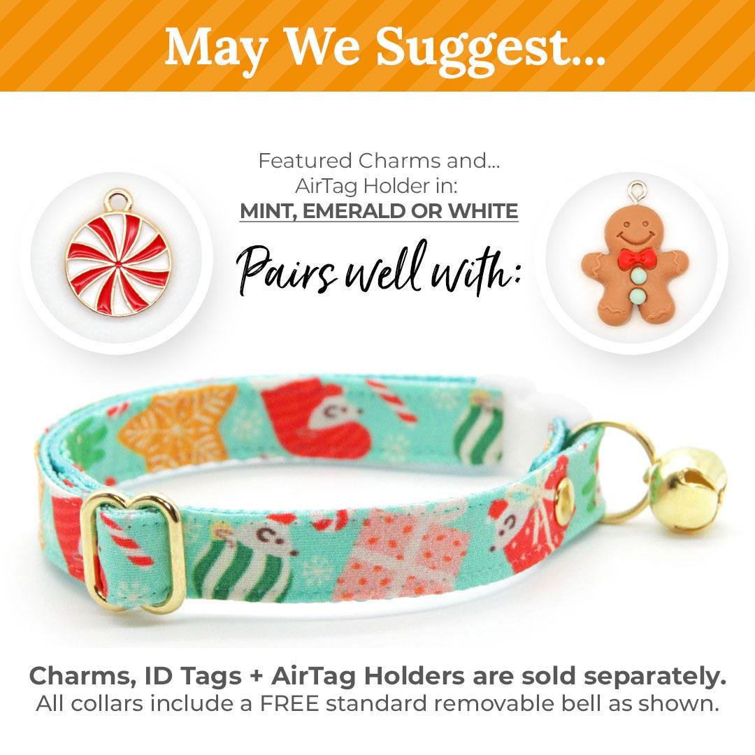 Bow Tie Cat Collar Set - "Merry Mice - Mint" - Christmas Mouse Cat Collar with Bow Tie / Fun Whimsical Holiday / Cat, Kitten, Small Dog Sizes