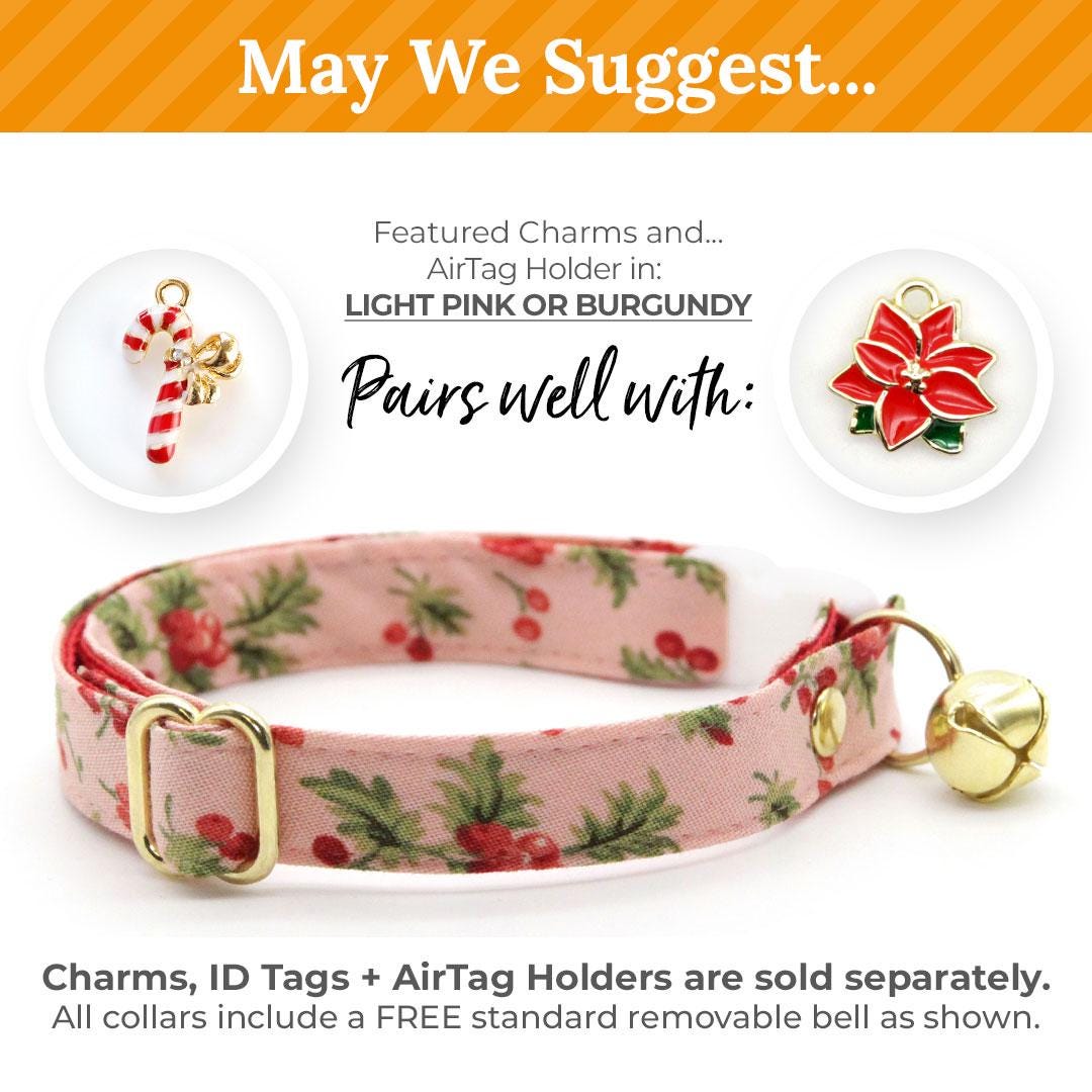 Holiday Cat Collar + Flower Set - "Sugarplum Pink" - Christmas Berry Pink Cat Collar + Specialty Christmas Red Poinsettia Felt Flower (Detachable)