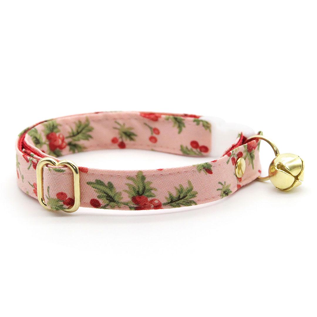 Holiday Cat Collar + Flower Set - "Sugarplum Pink" - Christmas Berry Pink Cat Collar w/ Baby Pink Felt Flower (Detachable) / Cat, Kitten + Small Dog Sizes