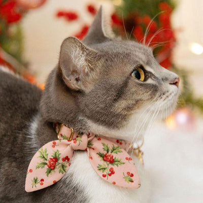 Holiday Cat Collar + Flower Set - "Sugarplum Pink" - Christmas Berry Pink Cat Collar w/ Baby Pink Felt Flower (Detachable) / Cat, Kitten + Small Dog Sizes