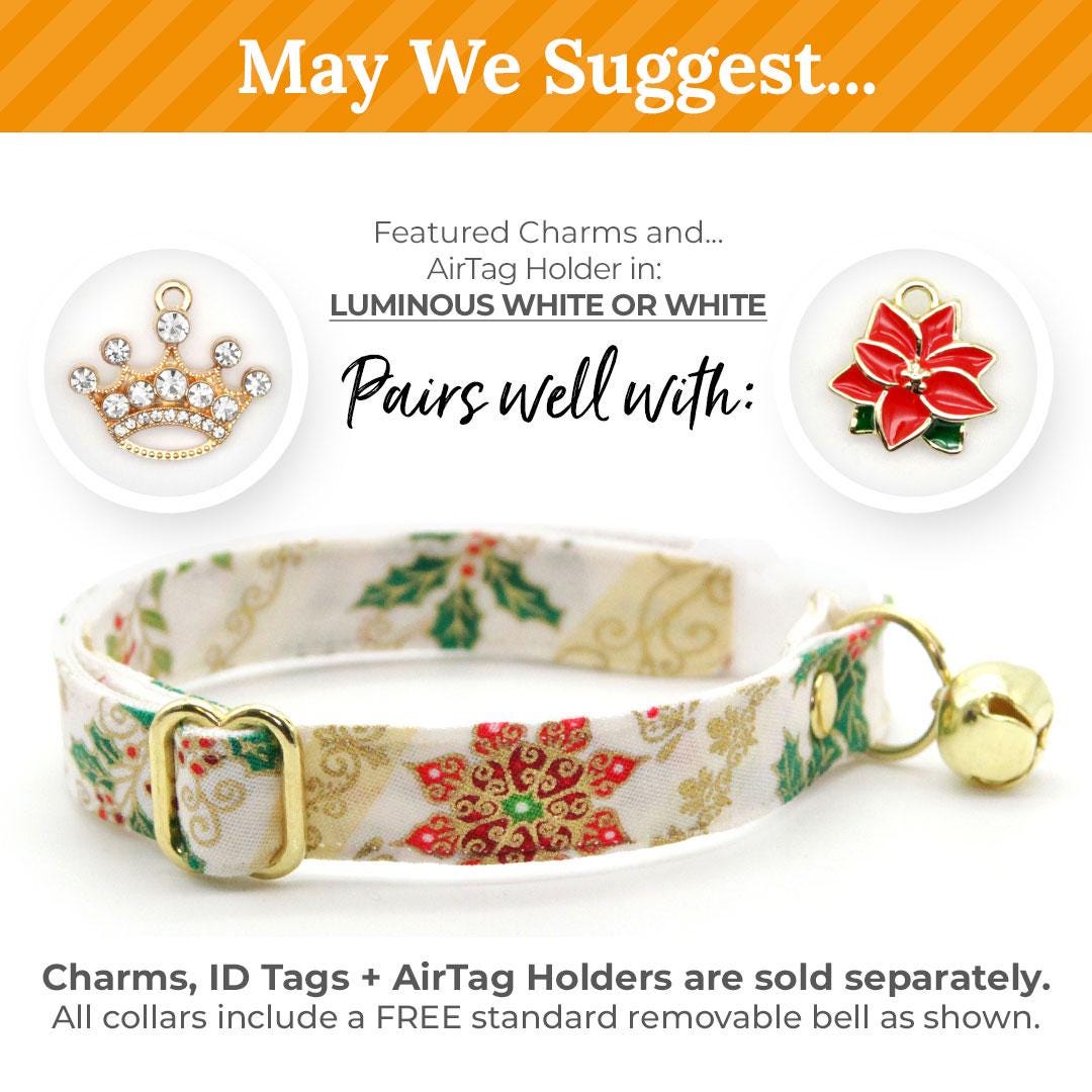 Holiday Cat Collar + Flower Set - "Victorian Christmas - Ivory" - Elegant Holly Cat Collar + Specialty Christmas Red Poinsettia Felt Flower (Detachable)