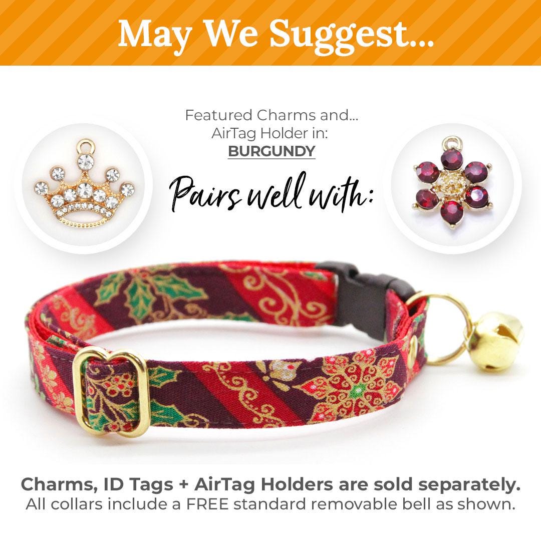 Holiday Cat Collar - "Victorian Christmas - Burgundy" - Mistletoe, Holly & Poinsettia Cat Collar / Breakaway Buckle or Non-Breakaway / Cat, Kitten + Small Dog Sizes