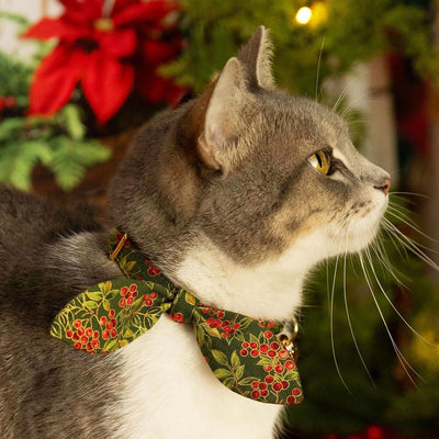 Holiday Cat Collar + Bunny Ear Bow Set - "Yuletide Berries" - Christmas Holly Berry Cat Collar w/ Matching Bunny Bow Tie / Tie-On Scarf / Cat, Kitten + Small Dog Sizes
