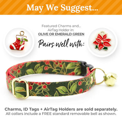 Bow Tie Cat Collar Set - "Yuletide Berries" - Christmas Holly Berry Cat Collar with Bow Tie / Holiday Red & Green / Cat, Kitten, Small Dog Sizes