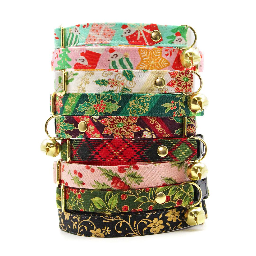 Holiday Cat Collar + Bunny Ear Bow Set - "Victorian Christmas - Green" - Holly Cat Collar w/ Matching Bunny Bow Tie / Tie-On Scarf / Cat, Kitten + Small Dog Sizes
